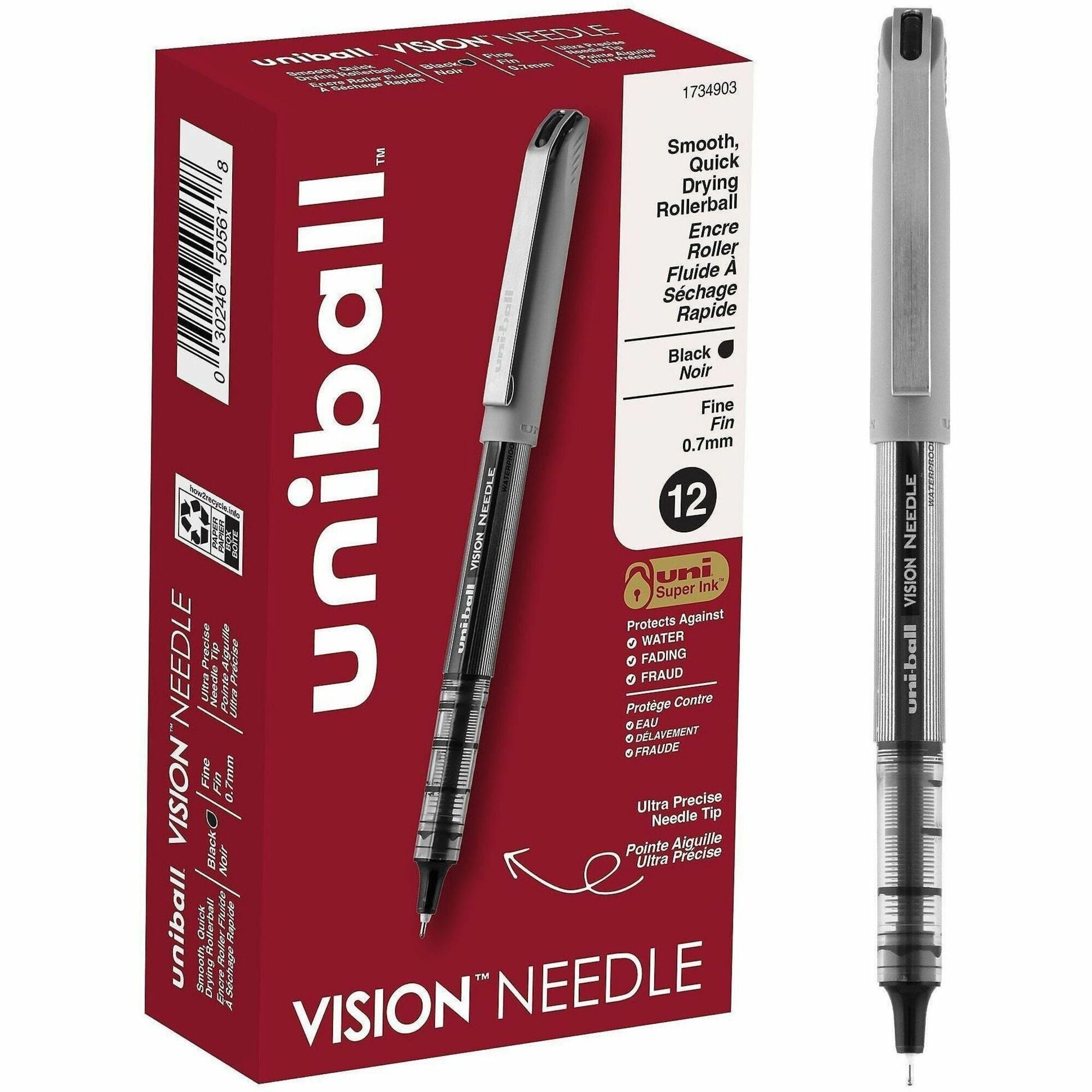 uniball™ Vision Needle Rollerball Pens - 0.7 mm Fine Pen Point - Black Ink - Liquid - Silver Barrel - 1 Dozen