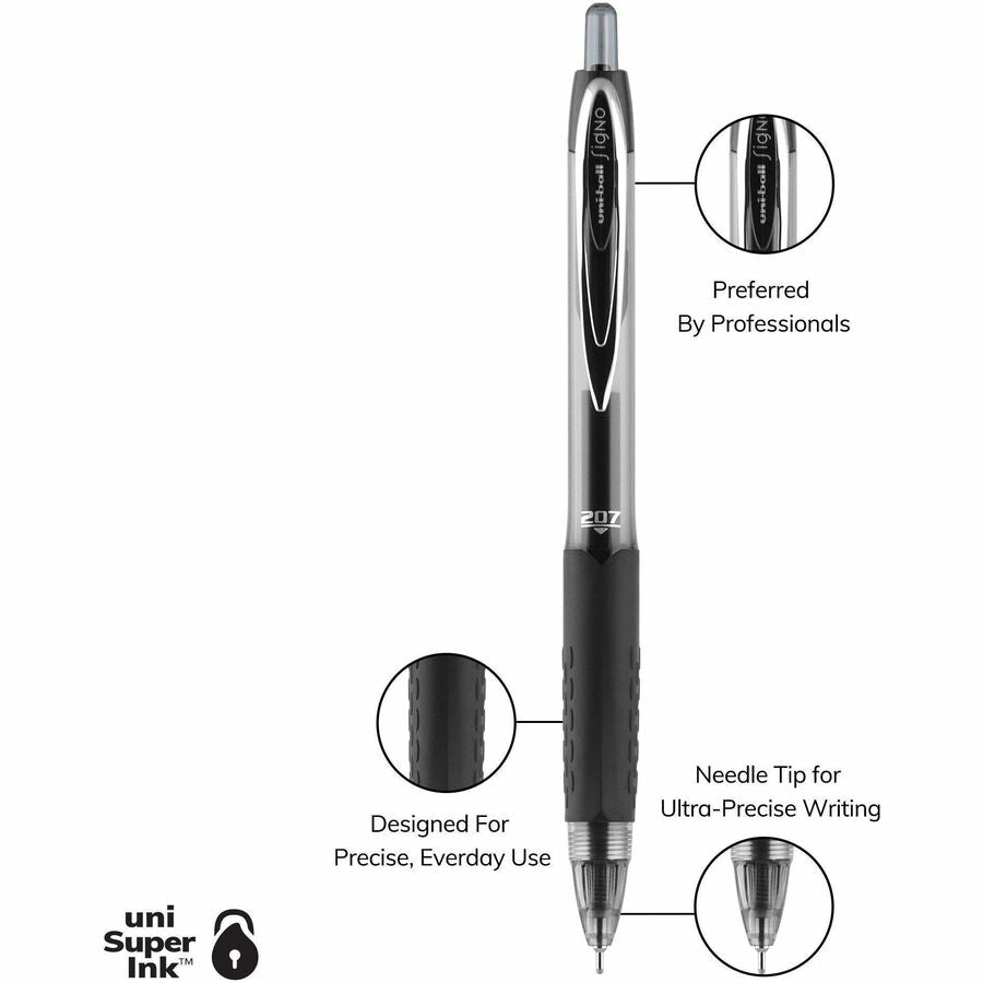 uniball™ 207 Needle Gel Pens - 0.7 mm Medium Needle Pen Point - Retractable - Black Ink - Black Barrel - 1 Dozen