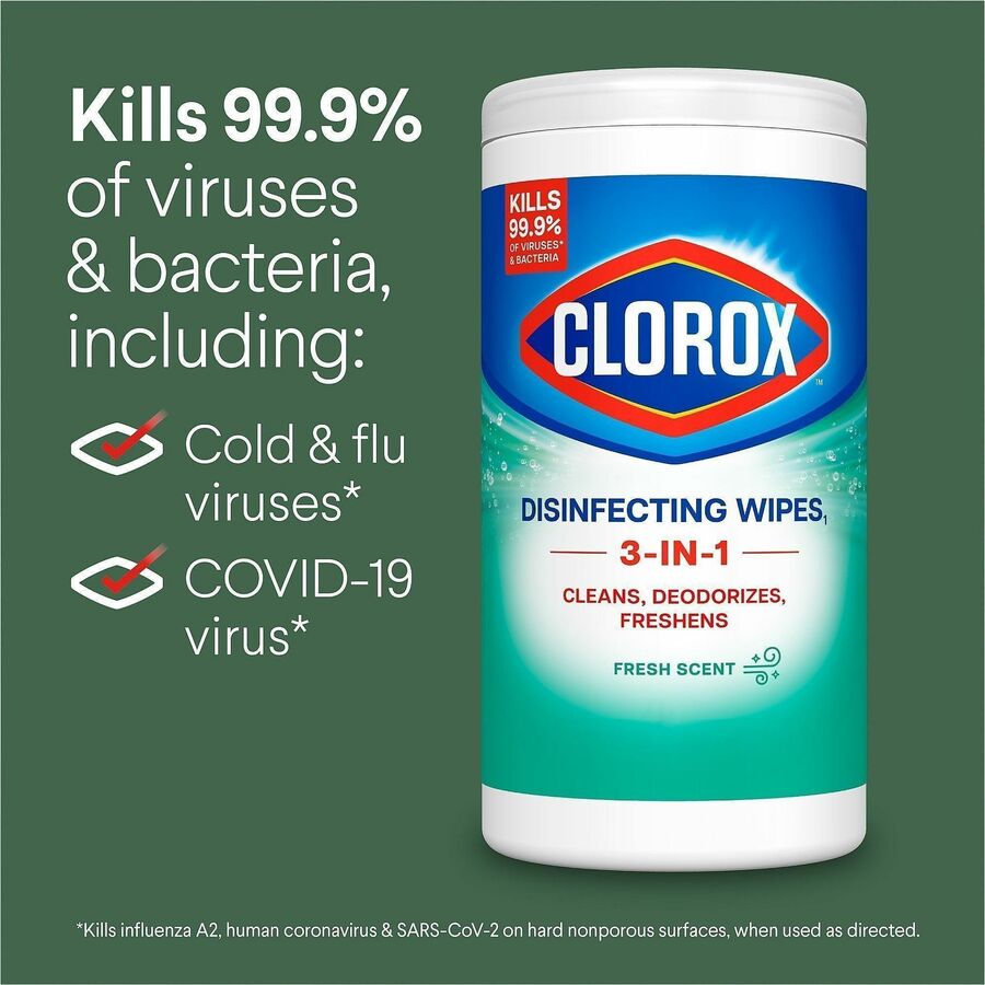 Clorox Disinfecting Cleaning Wipes - For Hard Surface, Glass, Mirror - Ready-To-Use - Fresh Scent - Recommended For: Germs Remover - Bleach-free - Green - 35/Tub - 12 / Carton