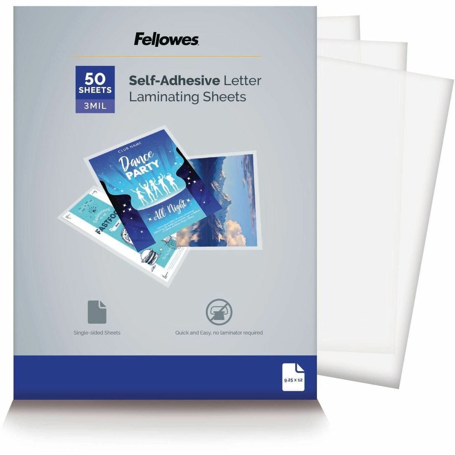 Sheet Size Supported: Letter - Laminating Pouch/Sheet Size: 9.25" Width x 3 mil Thickness - Type G - Glossy - for Document, Photo - Self-adhesive, Single Sided - Clear - 1 Pack