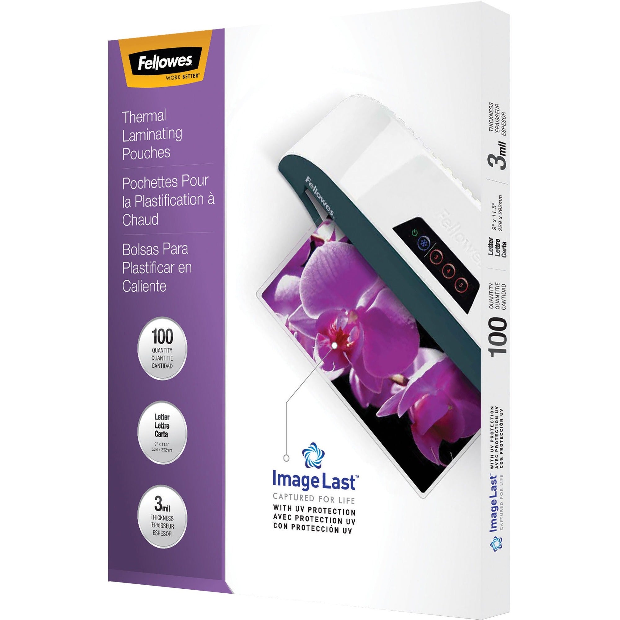 Fellowes ImageLast Thermal Laminating Pouches, Letter Size, 9" x 11.5", 3 mil, Glossy, Clear, 1 Box