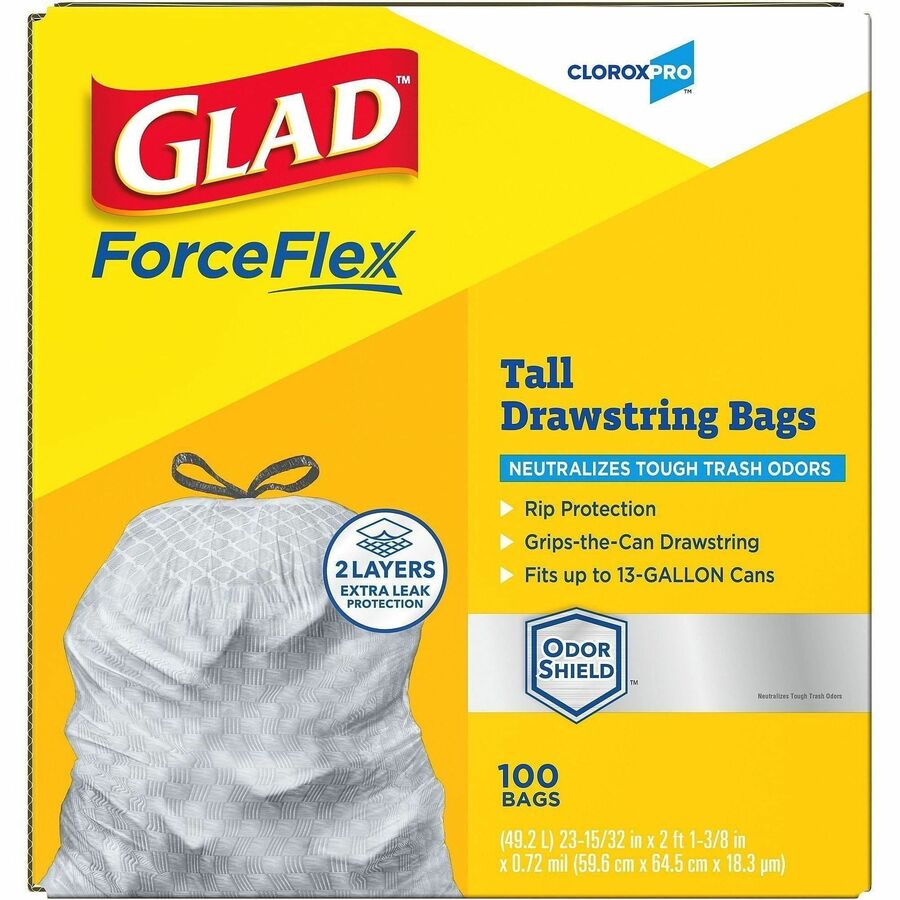 CloroxPro Glad ForceFlex Tall Kitchen Drawstring Trash Bags, 13 Gallon, 25.13" x 24", 90 mil Thickness, Gray, Plastic, 1 Box