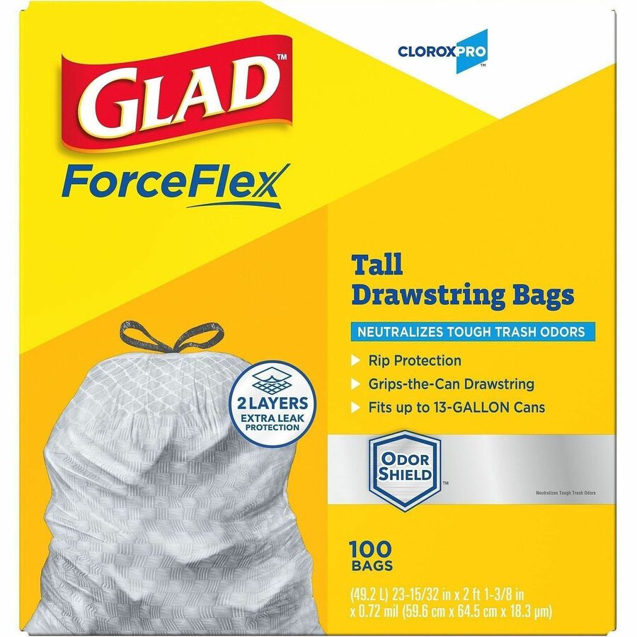 CloroxPro Glad ForceFlex Tall Kitchen Drawstring Trash Bags, 13 Gallon, 25.13" x 24", 90 mil Thickness, Gray, Plastic, 1 Box