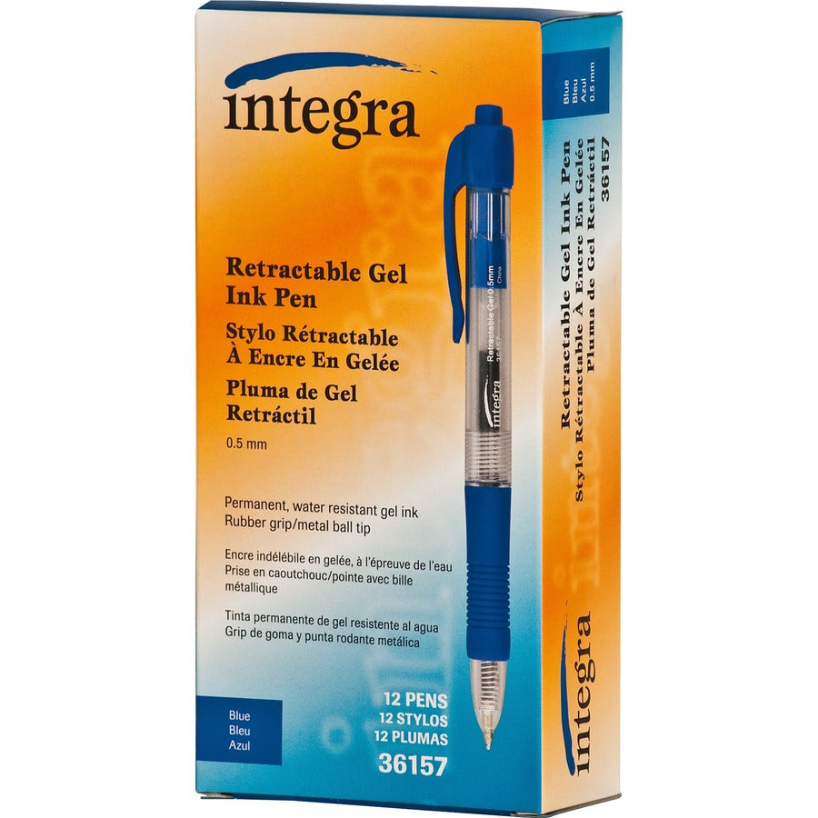 Integra Retractable 0.5mm Gel Pens - 0.5 mm Fine Pen Point - Retractable - Blue Ink - Gel-based - Blue Barrel - Metal Tip - Writing - 1 Dozen