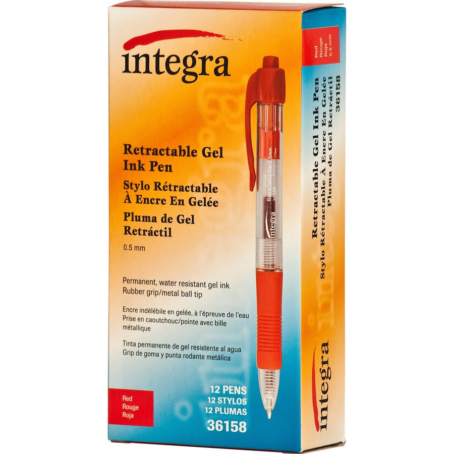 Integra Retractable 0.5mm Gel Pens - 0.5 mm Fine Pen Point - Retractable - Red Ink - Red Barrel - Metal Tip - 1 Dozen