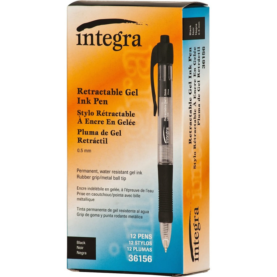 Integra Retractable 0.5mm Gel Pens - 0.5 mm Fine Pen Point - Retractable - Black Ink - Gel-based - Black Barrel - Metal Tip - 1 Dozen
