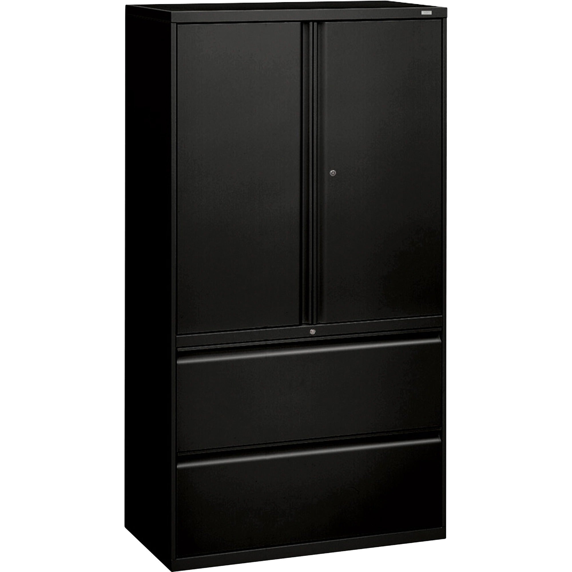 HON 800 Series Wide Lateral File with Storage Cabinet, 2 Drawers, 3 Shelves, 2 Side Open Doors, Black Steel, 36"W x 18"D x 64.2"H, 1 Each