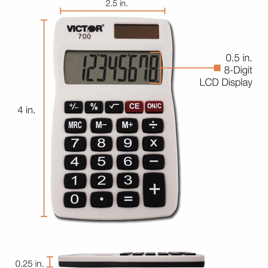 4 Functions - Large LCD, Easy-to-read Display, Rubber Keytop, Dual Power - 8 Digits - LCD - Battery/Solar Powered - 0.3" Height x 2.3" Width x 4" Depth - Gray - Rubber - 1 Each