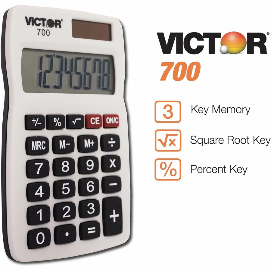 4 Functions - Large LCD, Easy-to-read Display, Rubber Keytop, Dual Power - 8 Digits - LCD - Battery/Solar Powered - 0.3" Height x 2.3" Width x 4" Depth - Gray - Rubber - 1 Each