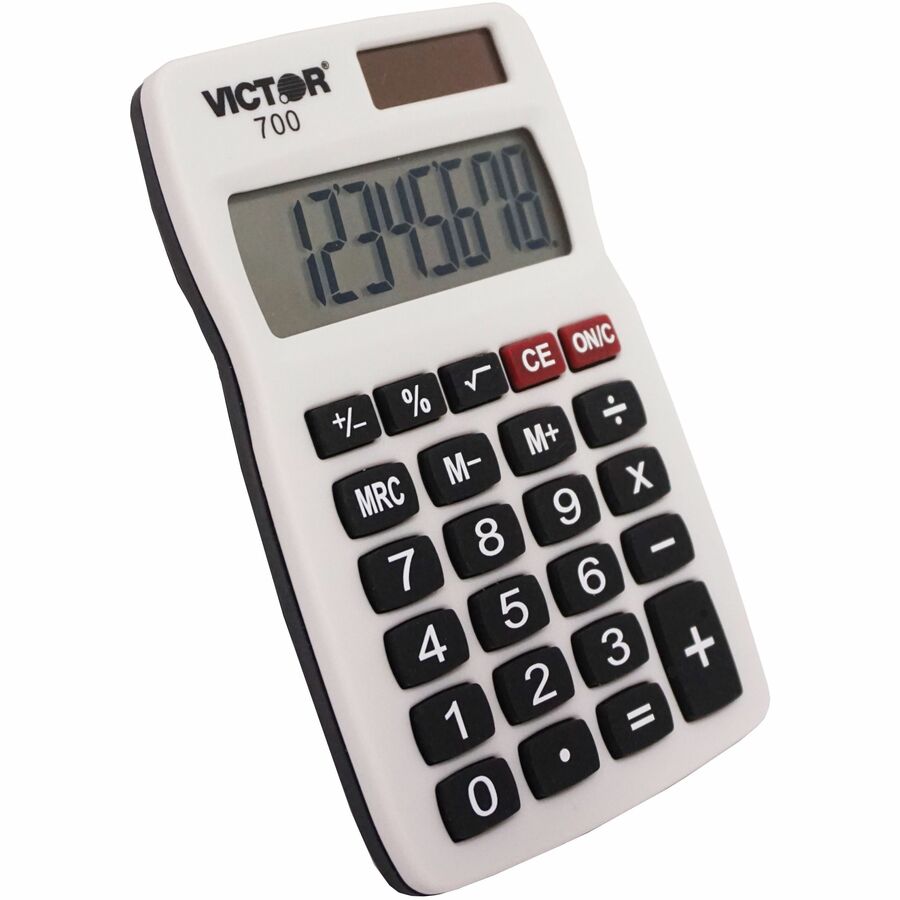 4 Functions - Large LCD, Easy-to-read Display, Rubber Keytop, Dual Power - 8 Digits - LCD - Battery/Solar Powered - 0.3" Height x 2.3" Width x 4" Depth - Gray - Rubber - 1 Each