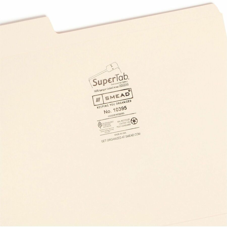 Smead SuperTab 1/3 Tab Cut Letter Recycled Top Tab File Folder - 8 1/2" x 11" - 3/4" Expansion - Top Tab Location - Assorted Tab Position - 11 pt. - 2 Plys - Manila - Label - 10% Recycled - 100 / Box