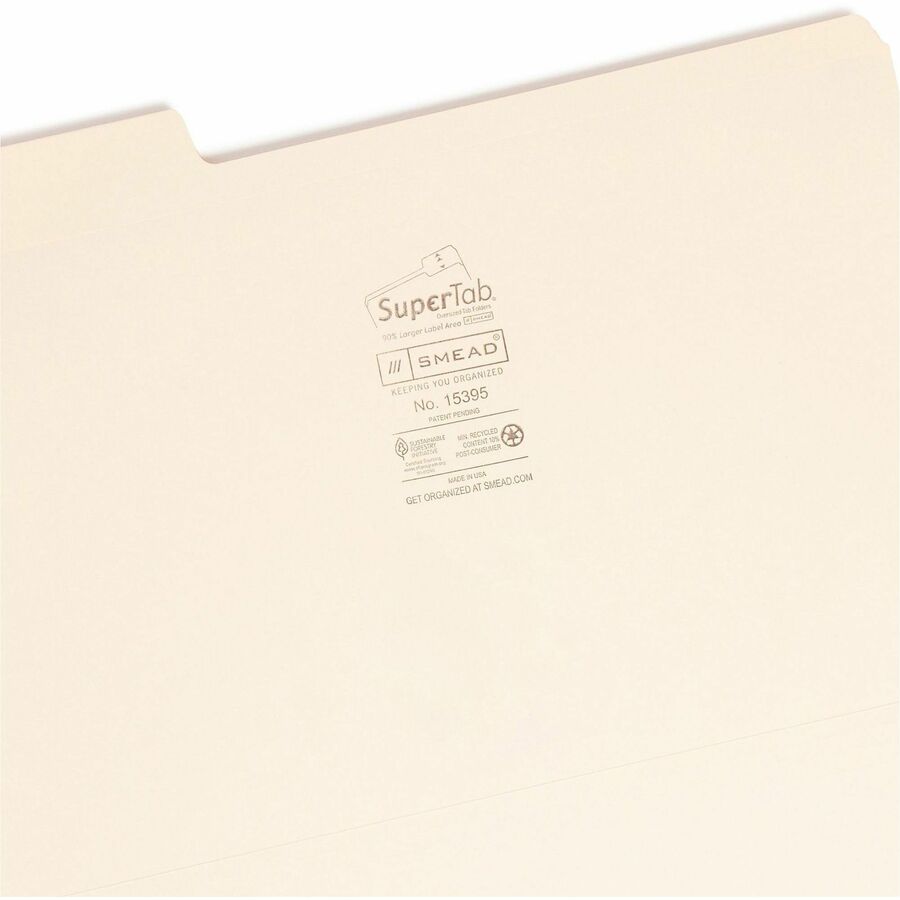 Smead SuperTab 1/3 Tab Cut Legal Recycled Top Tab File Folder - 8 1/2" x 14" - 3/4" Expansion - Top Tab Location - Assorted Tab Position - 11 pt. - 2 Plys - Manila - Label - 10% Recycled - 100 / Box