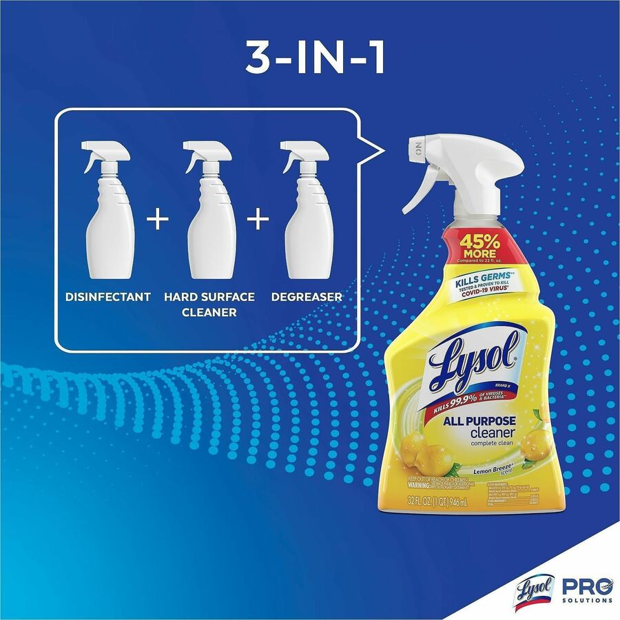 Lysol Lemon All Purpose Cleaner - Ready-To-Use - 32 fl oz (1 quart) - Lemon Breeze Scent - Recommended For: Bacteria Remover, Grease Remover - Deodorize, Disinfectant - Yellow - 12 / Carton