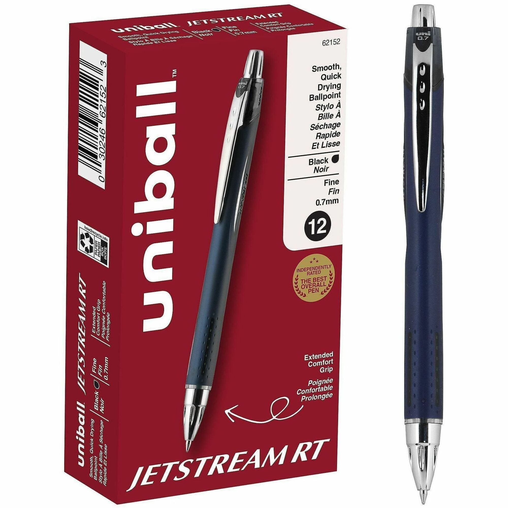uniball™ Jetstream RT Ballpoint Pen - 0.7 mm Fine Pen Point - Retractable - Black Ink - Blue Barrel - 1 Dozen