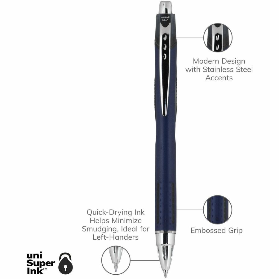 uniball™ Jetstream RT Ballpoint Pen - 0.7 mm Fine Pen Point - Retractable - Black Ink - Blue Barrel - 1 Dozen