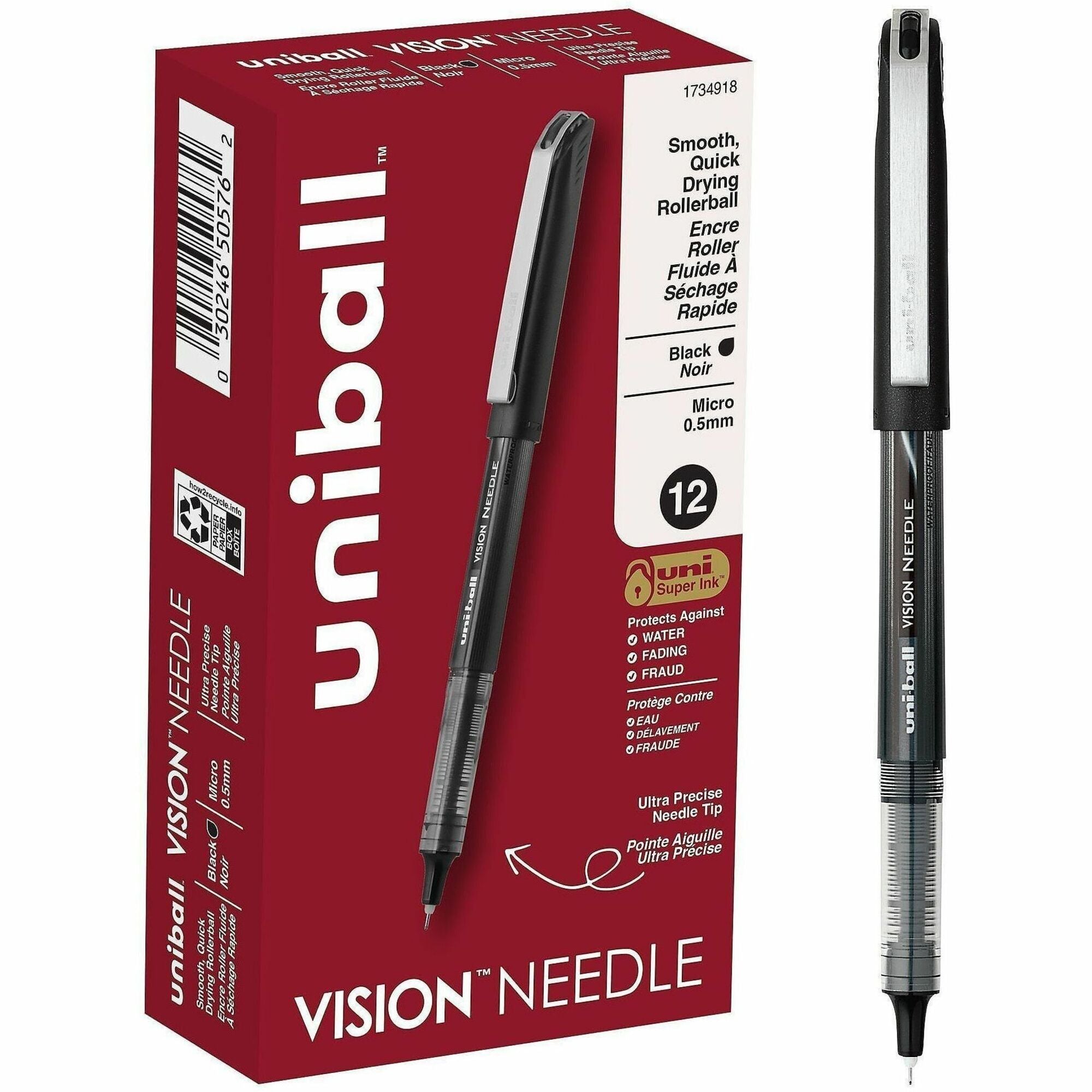 uniball™ Vision Needle Rollerball Pens - 0.5 mm Micro Pen Point - Black Ink - Liquid - 1 Dozen