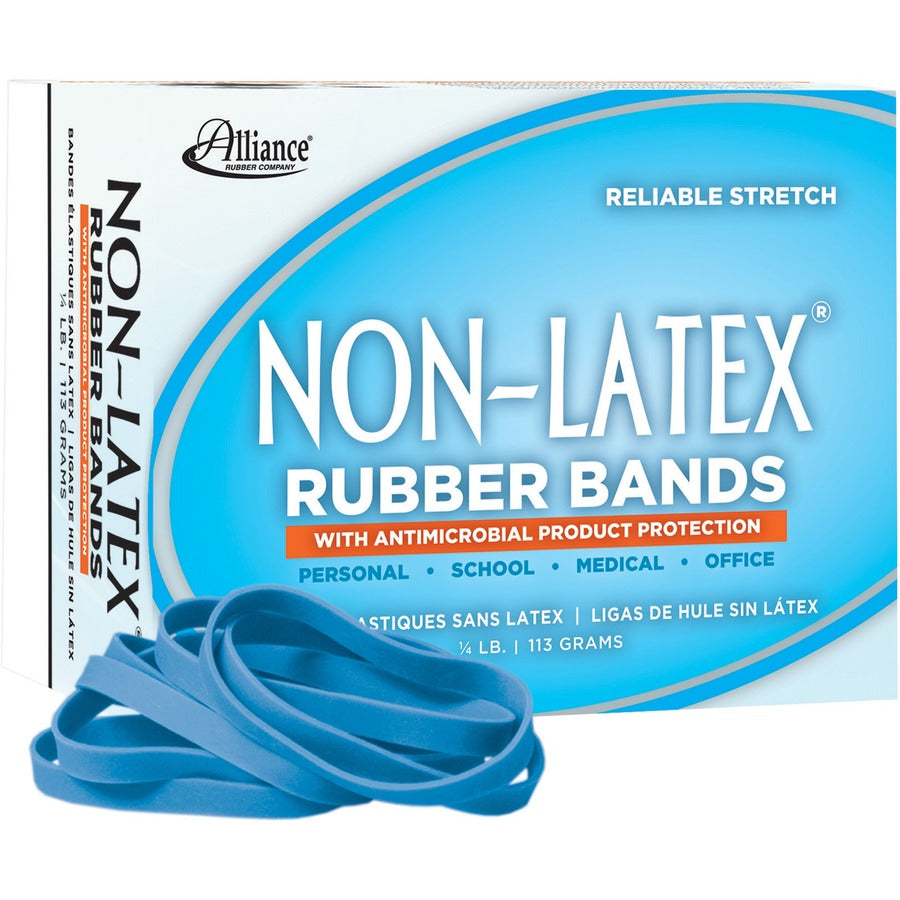 Alliance Rubber Rubber Bands with Antimicrobial Product Protection - Size: #64 - 3.5" Length x 0.3" Width - 0.25 lb/in - Latex-free, Antimicrobial, Stretchable - Synthetic Rubber - Cyan Blue - 1 Box