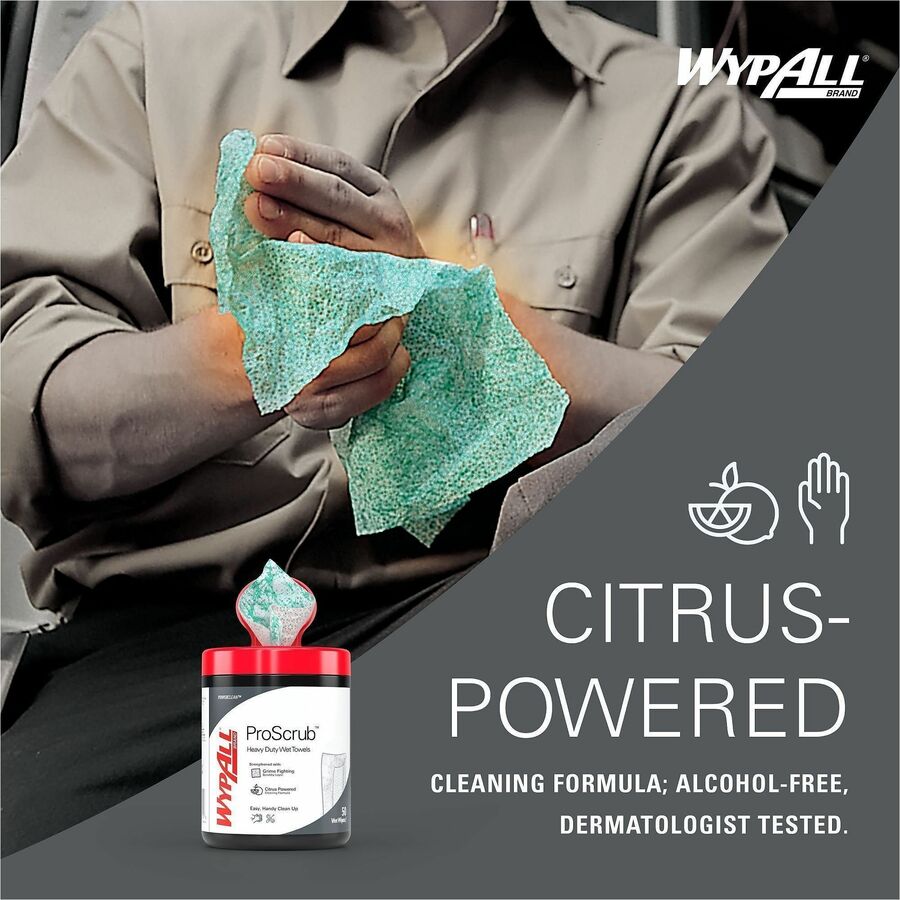 Wypall PowerClean ProScrub Heavy Duty Wet Towels - Citrus - 9.50" Width x 12" Length - Green - 50/Tub - 1 Each