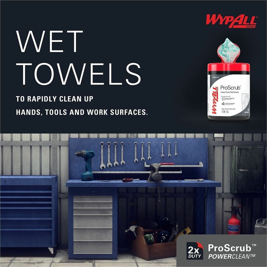 Wypall PowerClean ProScrub Heavy Duty Wet Towels - Citrus - 9.50" Width x 12" Length - Green - 50/Tub - 1 Each