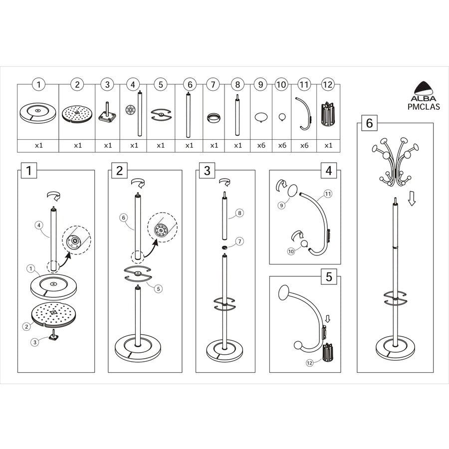 6 Hooks - 6 Pegs - 70.5" Height - for Garment, Clothes - Stainless Steel - 1 Each