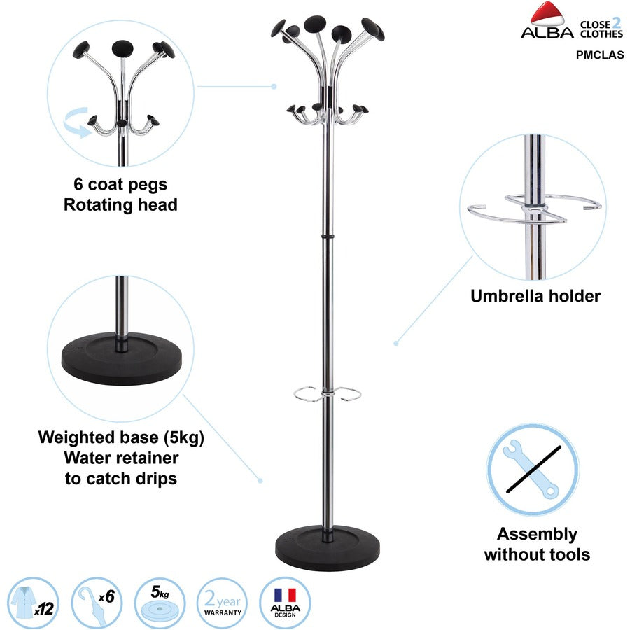 6 Hooks - 6 Pegs - 70.5" Height - for Garment, Clothes - Stainless Steel - 1 Each
