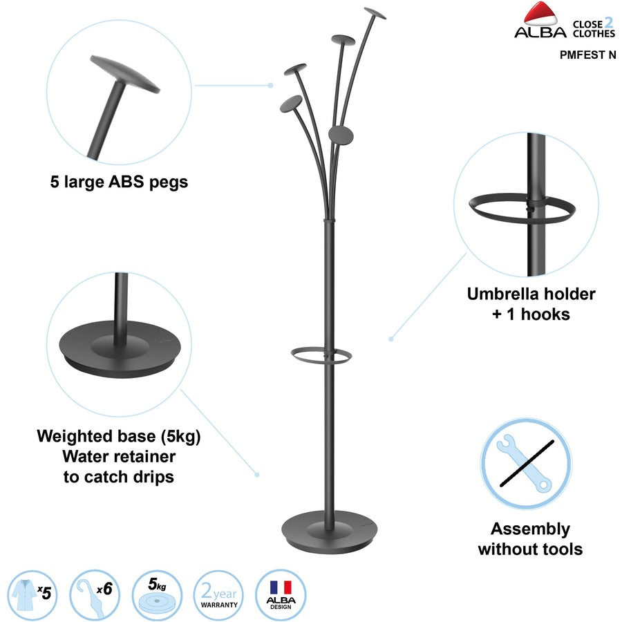 Alba Festival Coat Stand - 5 Pegs - 74" Height - for Garment - Black - 1 Each