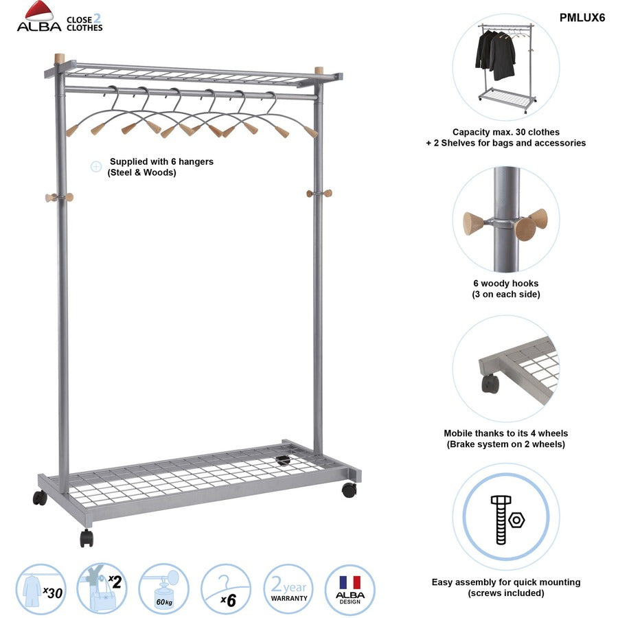 36 x Hanger - 72" Height x 45" Width x 22" Depth - Hanging Hook, Built-in Wheels - Chrome - 1 Each