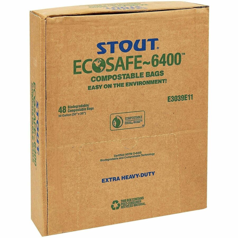 Stout EcoSafe Trash Bags - 30 gal Capacity - 39" Length x 30" Width x 1.10 mil (28 Micron) Thickness - Green - Plastic - 1 Carton