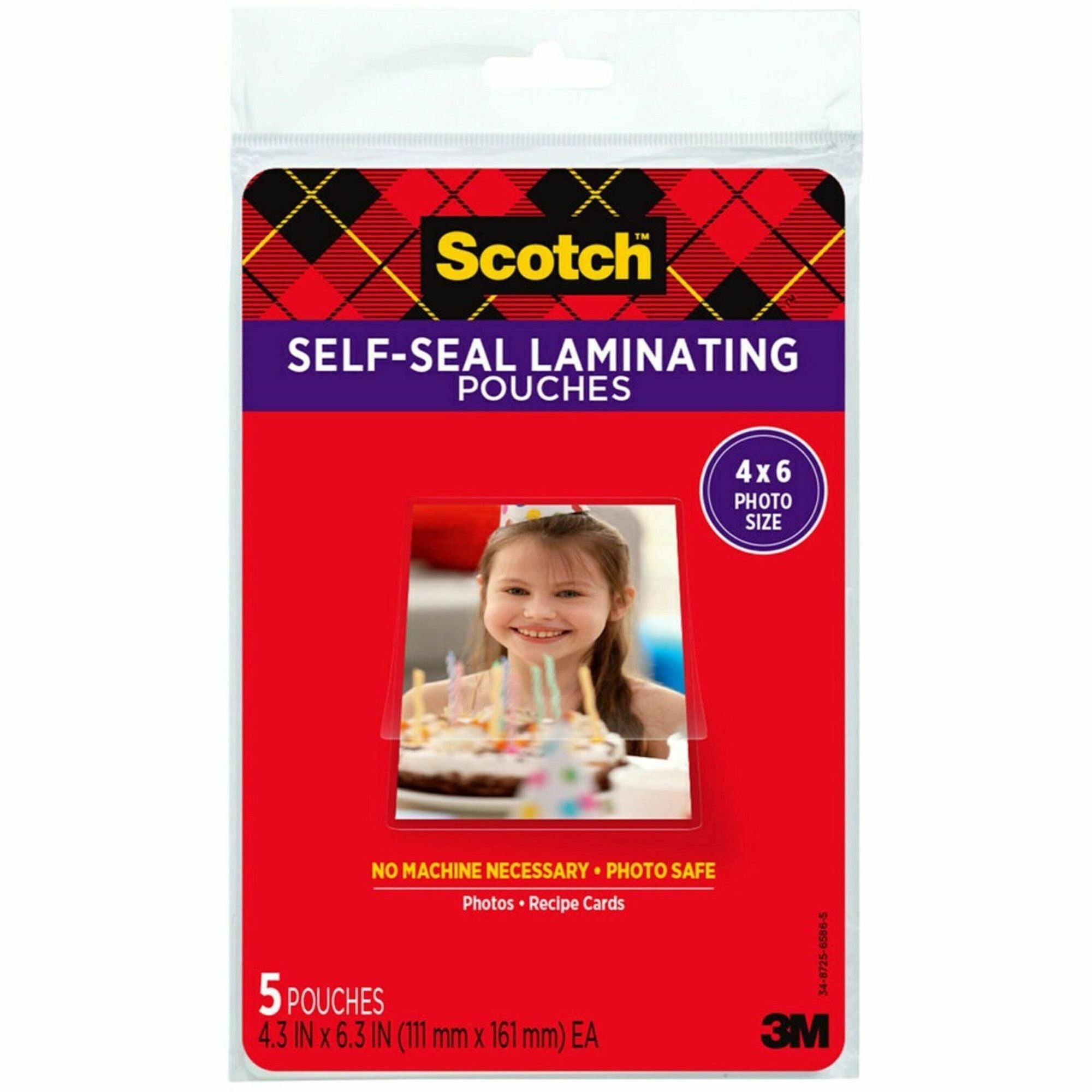 Scotch Self-sealing Photo Laminating Sheets, 4.3" x 6.3", 9.5 mil, Thick Gloss, Acid-free, Photo-safe, Double Sided, Clear, 5/Pack