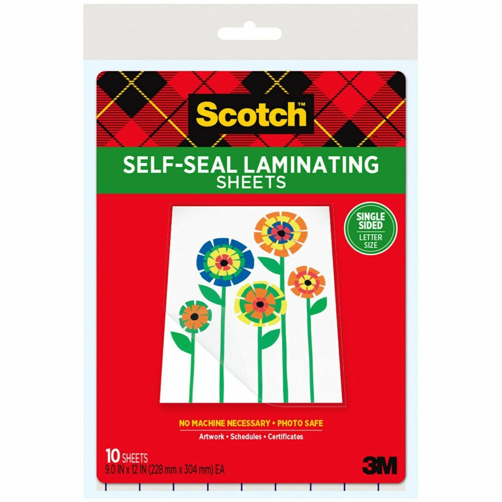Scotch Self-Seal Laminating Pouches, Letter Size, 9" x 12", 6 mil, Glossy, Clear, Acid-Free, Photo-Safe, Self-Sealing, 10 Pack
