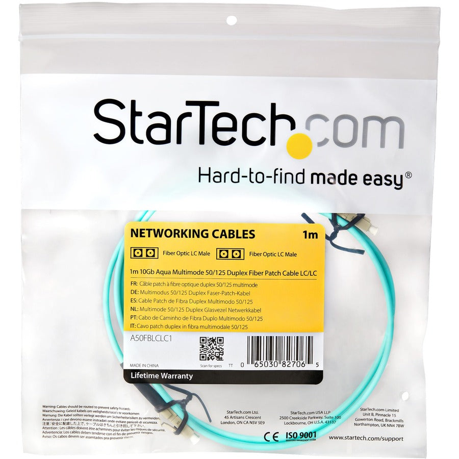 StarTech.com Fiber Optic Duplex Patch Cable, 3.28 ft, LC to LC, 10 Gbit/s, LSZH, 50/125 µm, Aqua, 1 Each
