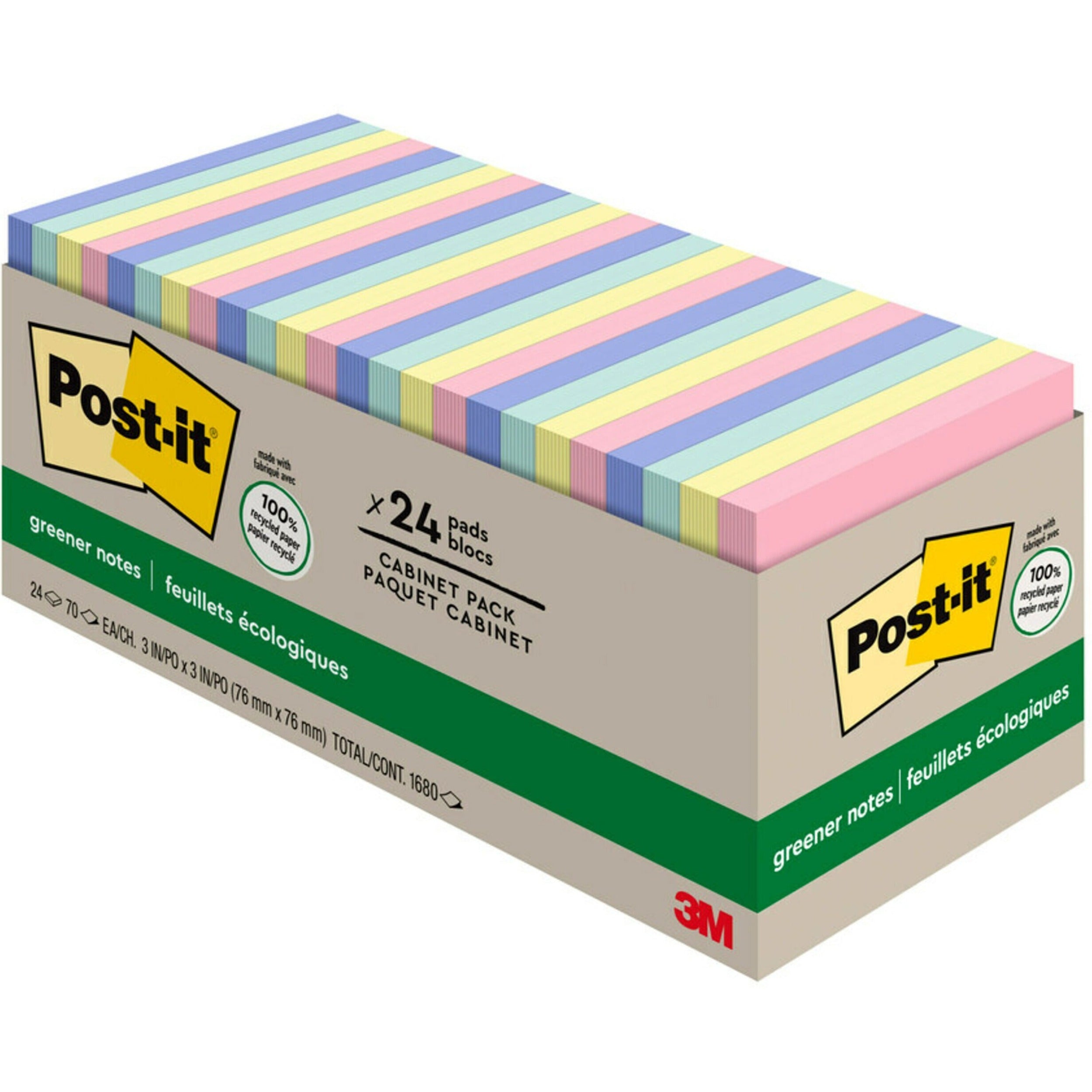 1800 x Assorted - 3" Flag/Note Width x 3" Flag/Note Length - Square - 75 Sheets per Pad - Unruled - Positively Pink, Canary Yellow, Fresh Mint, Moonstone - Paper - Repositionable, Self-adhesive - Recycled - 1 Pack