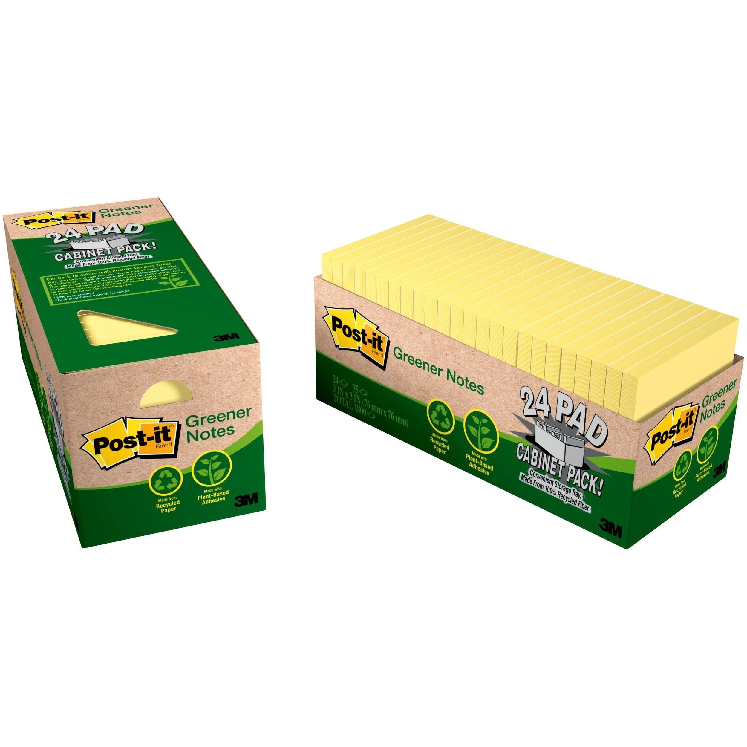 1800 - 3" Flag/Note Width x 3" Flag/Note Length - Square - 75 Sheets per Pad - Unruled - Canary Yellow - Paper - Self-adhesive, Repositionable - Recycled - 1 Pack