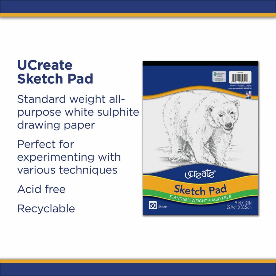 UCreate Medium Weight Sketch Pads - 50 Sheets - 9" x 12" Sheet Size - White Paper - Acid-free, Mediumweight - Recycled - 1 Pad
