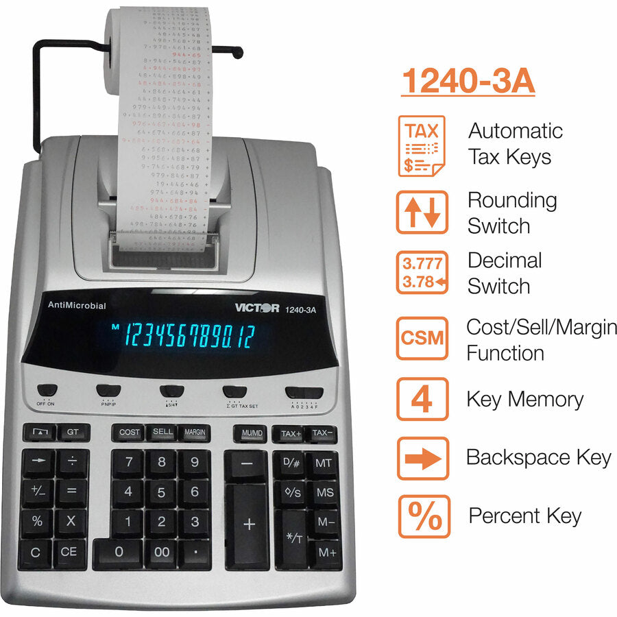 Dual Color Print - Dot Matrix - 4.3 lps - Big Display, Independent Memory - 12 Digits - Fluorescent - AC Supply/Power Adapter Powered - 3.3" Height x 9" Width x 12.8" Length - White - 1 Each