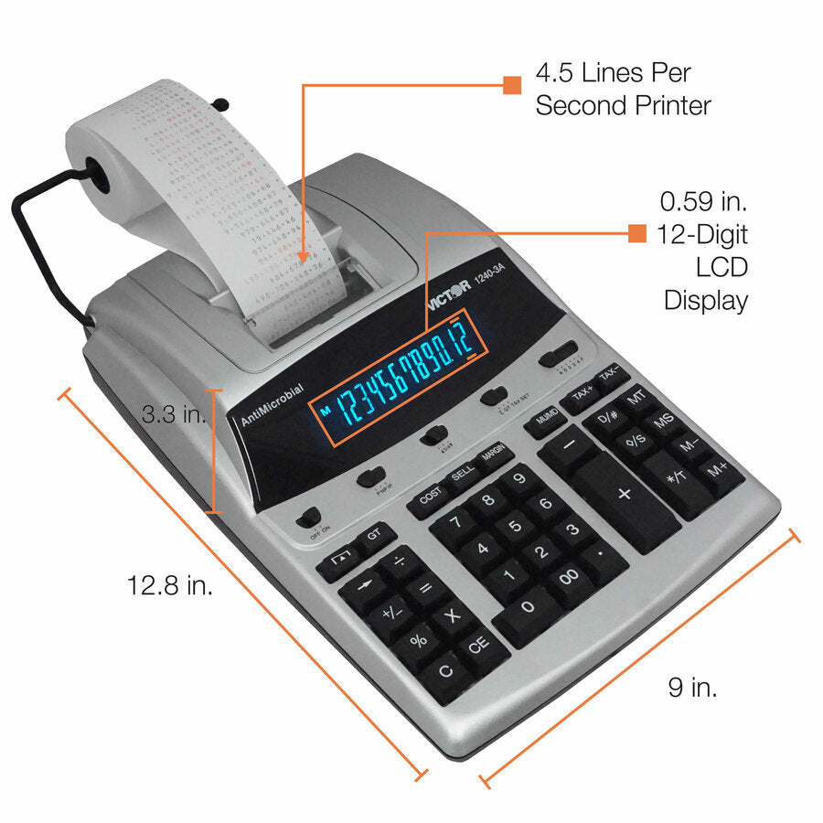 Dual Color Print - Dot Matrix - 4.3 lps - Big Display, Independent Memory - 12 Digits - Fluorescent - AC Supply/Power Adapter Powered - 3.3" Height x 9" Width x 12.8" Length - White - 1 Each