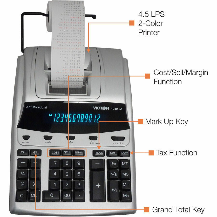 Dual Color Print - Dot Matrix - 4.3 lps - Big Display, Independent Memory - 12 Digits - Fluorescent - AC Supply/Power Adapter Powered - 3.3" Height x 9" Width x 12.8" Length - White - 1 Each