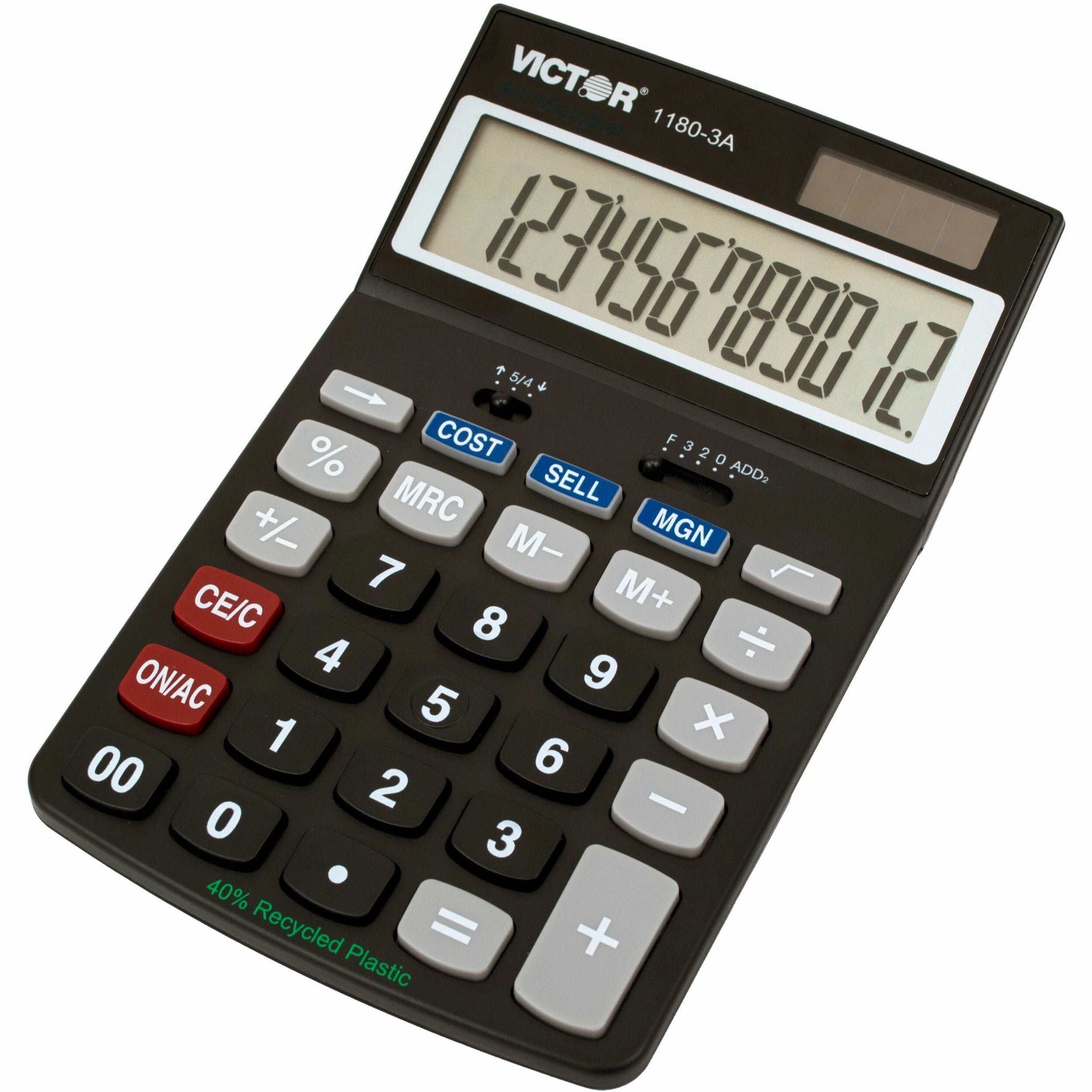 Easy-to-read Display, Auto Power Off - 12 Digits - LCD - Battery/Solar Powered - 1.1" Height x 4" Width x 6.5" Length - Black - Plastic - 1 Each