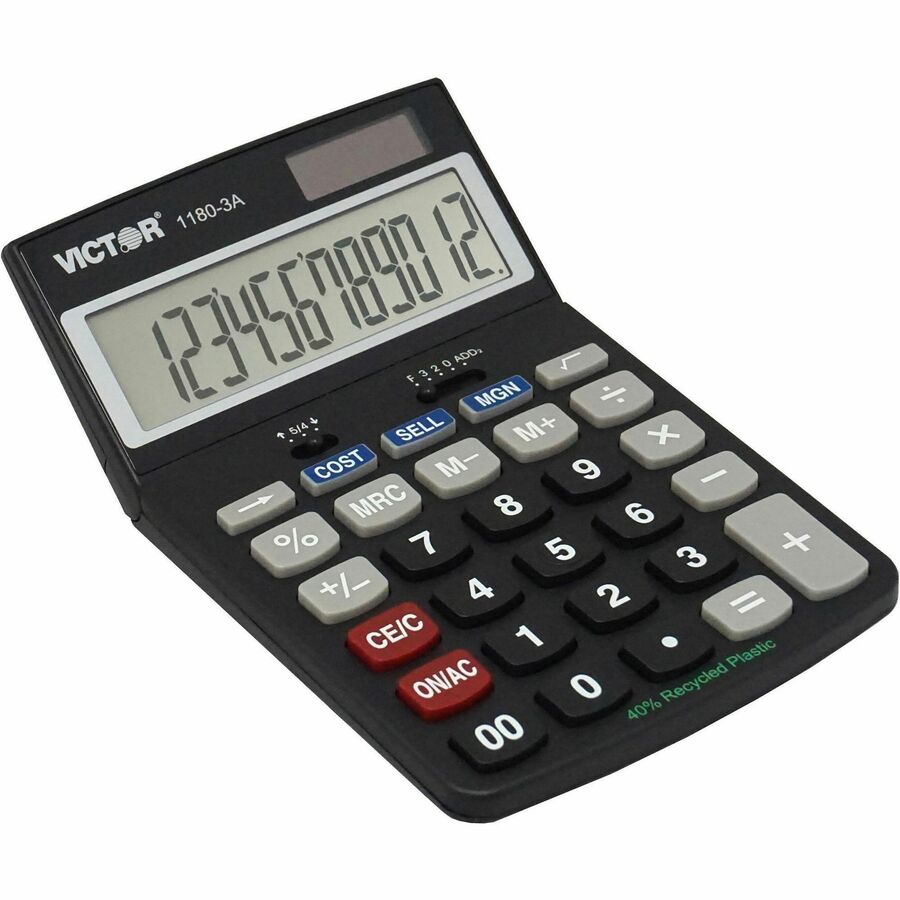 Easy-to-read Display, Auto Power Off - 12 Digits - LCD - Battery/Solar Powered - 1.1" Height x 4" Width x 6.5" Length - Black - Plastic - 1 Each