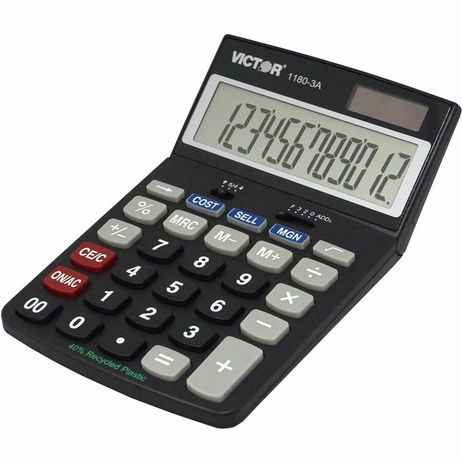 Easy-to-read Display, Auto Power Off - 12 Digits - LCD - Battery/Solar Powered - 1.1" Height x 4" Width x 6.5" Length - Black - Plastic - 1 Each