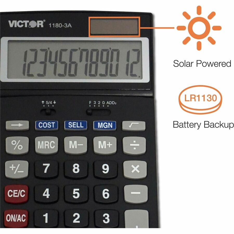 Easy-to-read Display, Auto Power Off - 12 Digits - LCD - Battery/Solar Powered - 1.1" Height x 4" Width x 6.5" Length - Black - Plastic - 1 Each