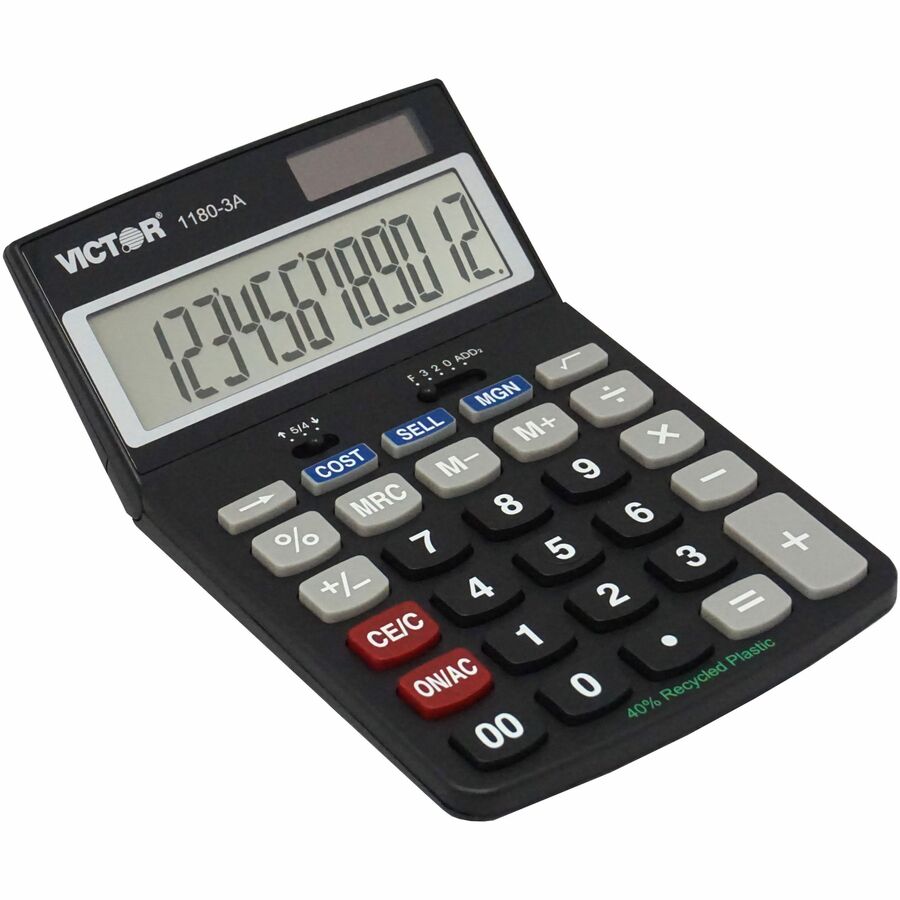 Easy-to-read Display, Auto Power Off - 12 Digits - LCD - Battery/Solar Powered - 1.1" Height x 4" Width x 6.5" Length - Black - Plastic - 1 Each