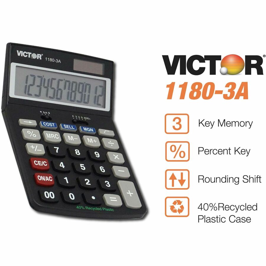 Easy-to-read Display, Auto Power Off - 12 Digits - LCD - Battery/Solar Powered - 1.1" Height x 4" Width x 6.5" Length - Black - Plastic - 1 Each
