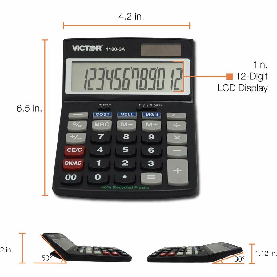 Easy-to-read Display, Auto Power Off - 12 Digits - LCD - Battery/Solar Powered - 1.1" Height x 4" Width x 6.5" Length - Black - Plastic - 1 Each