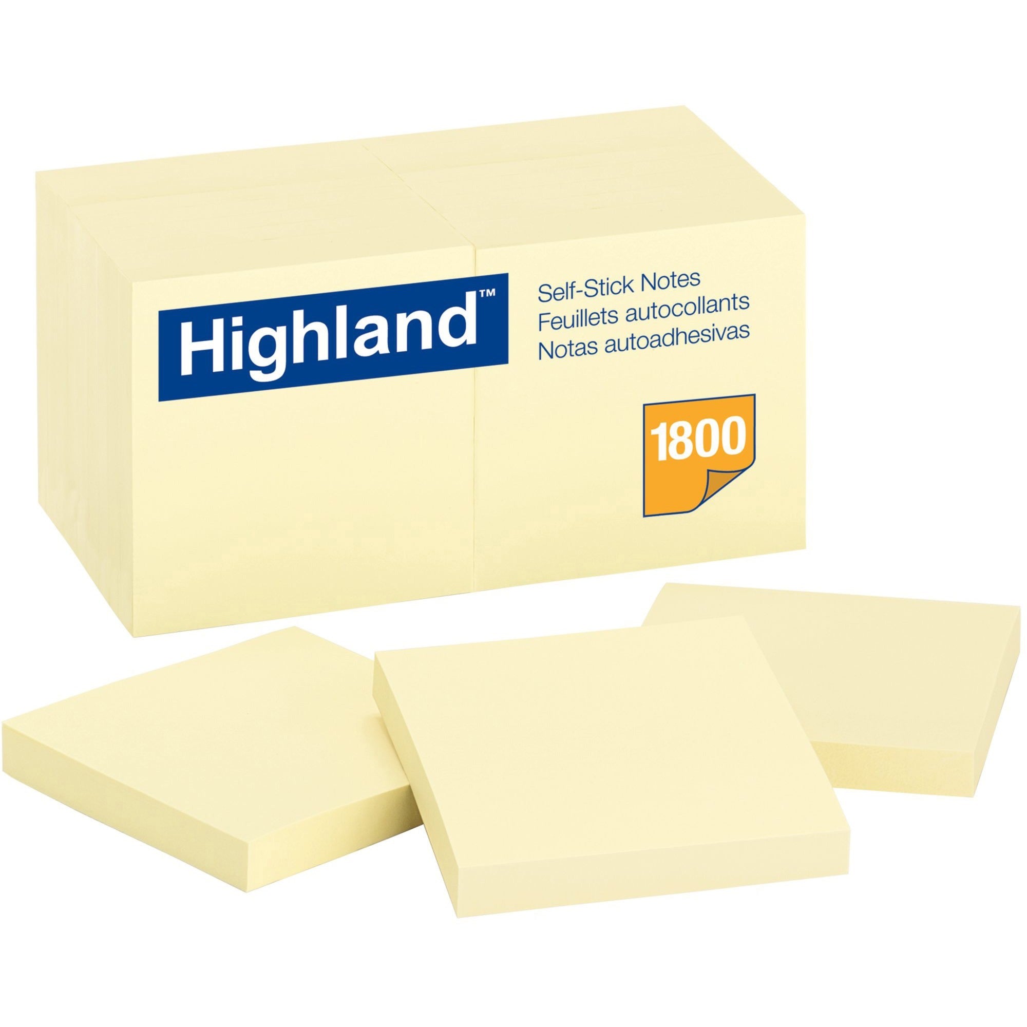 Highland Self-Sticking Notepads - 1800 - 3" Flag/Note Width x 3" Flag/Note Length - Square - 100 Sheets per Pad - Unruled - Yellow - Paper - Removable - 1 Pack