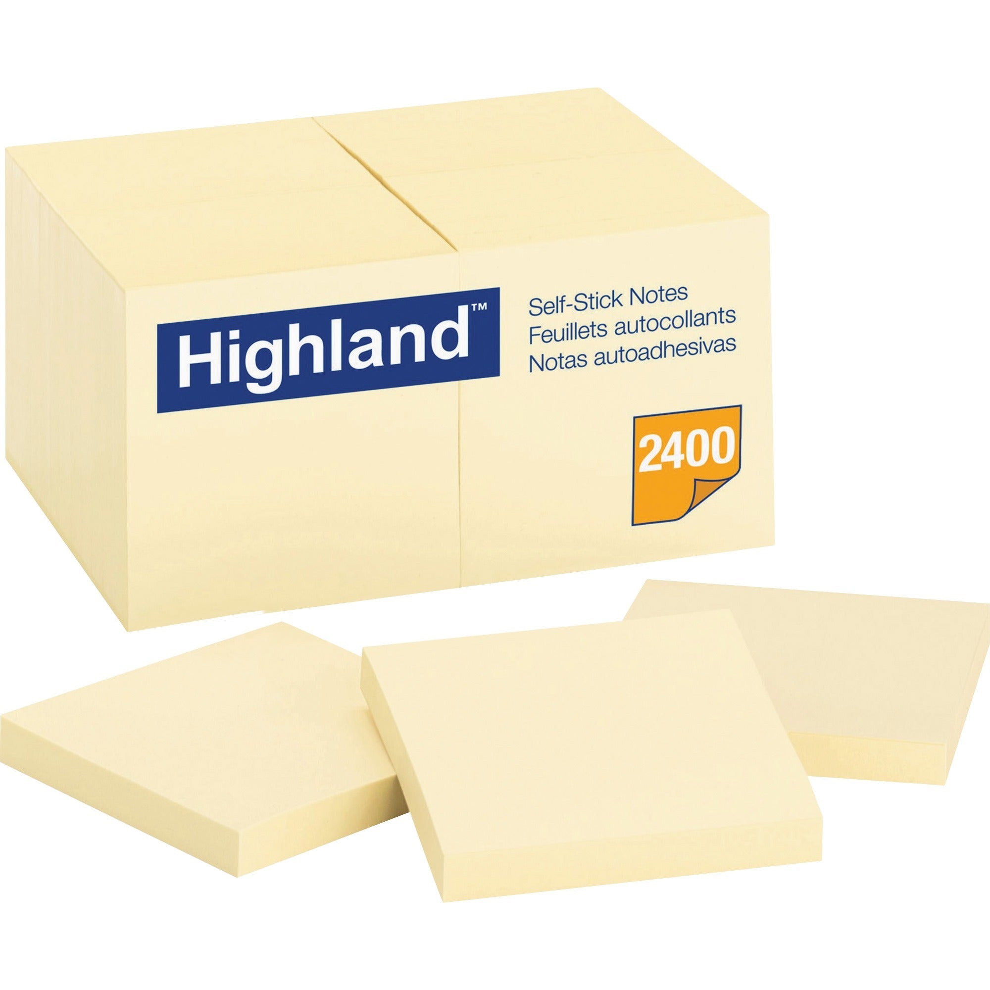 Highland Self-Sticking Notepads - 2400 - 3" Flag/Note Width x 3" Flag/Note Length - Square - 100 Sheets per Pad - Unruled - Yellow - Paper - Removable - 1 Pack