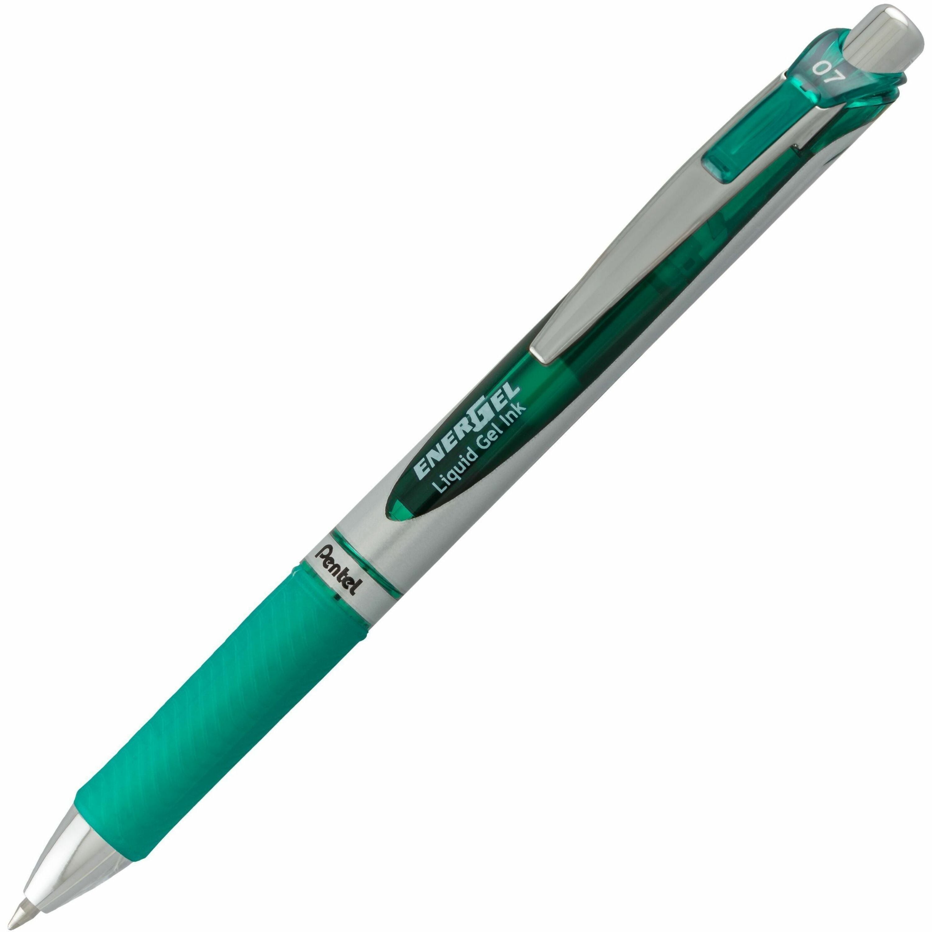 Pentel EnerGel RTX Rollerball Pen - 0.7 mm Medium Pen Point - Refillable - Retractable - Green Ink - Gel-based - Silver Barrel - 1 Each