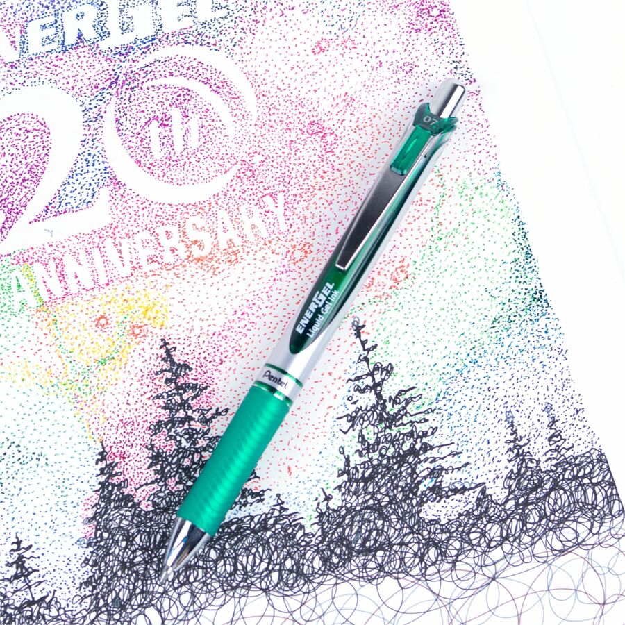 Pentel EnerGel RTX Rollerball Pen - 0.7 mm Medium Pen Point - Refillable - Retractable - Green Ink - Gel-based - Silver Barrel - 1 Each