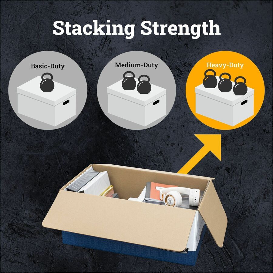 Bankers Box Liberty File Storage Boxes, Letter Size, String/Button Tie Closure, Stackable, Reinforced Handles, Fiberboard, White/Blue, 4 Boxes per Carton