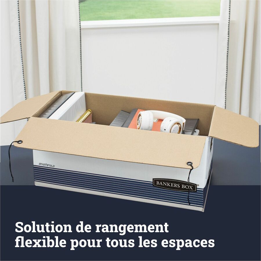 Bankers Box STOR/FILE File Storage Box, Letter Size, String/Button Tie Closure, Medium Duty, Stackable, White/Blue, 12" x 24" x 10", Recycled, 4 Boxes per Carton